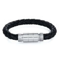 Pulsera de cadena al por mayor de la fábrica FH-46 Mens Fancy Buckle Pulsera de cuero tejido negro de acero